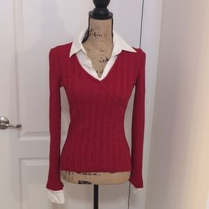 Red V-Neck Sweater with White Collar